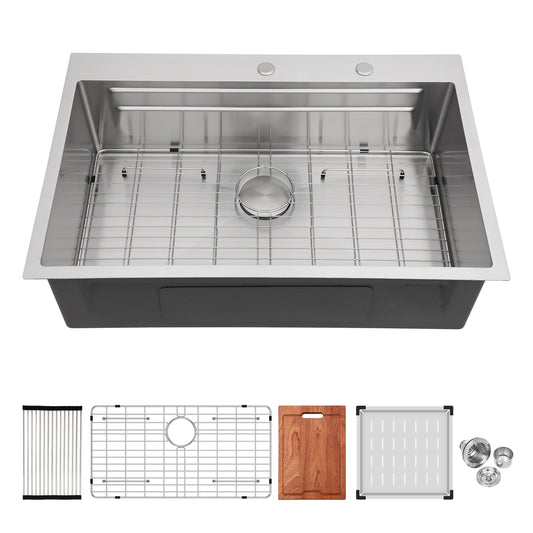 33" Drop in Kitchen Sink - 33 x 22 x 10 inch Kitchen Sink Drop-in Topmount Single Bowl 16 Gauge Stainless Steel Ledge Workstation Kitchen Sinks