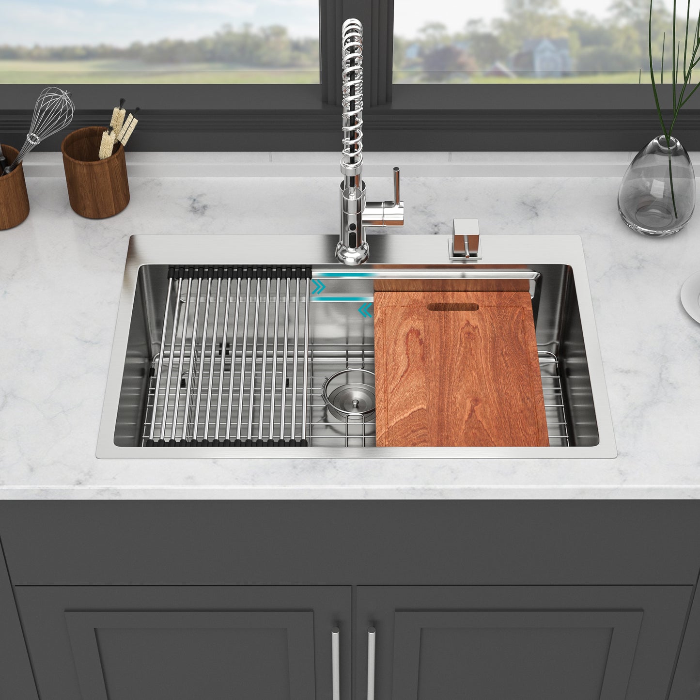 33" Drop in Kitchen Sink - 33 x 22 x 10 inch Kitchen Sink Drop-in Topmount Single Bowl 16 Gauge Stainless Steel Ledge Workstation Kitchen Sinks