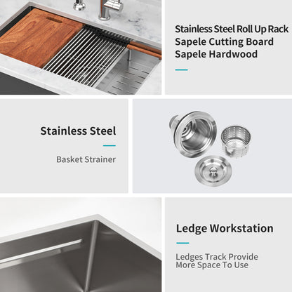 33" Undermount Kitchen Sink - 33 x 19 x 10 inch Single Bowl 16 Gauge Stainless Steel Ledge Workstation Kitchen Sinks