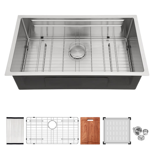 33" Undermount Kitchen Sink - 33 x 19 x 10 inch Single Bowl 16 Gauge Stainless Steel Ledge Workstation Kitchen Sinks