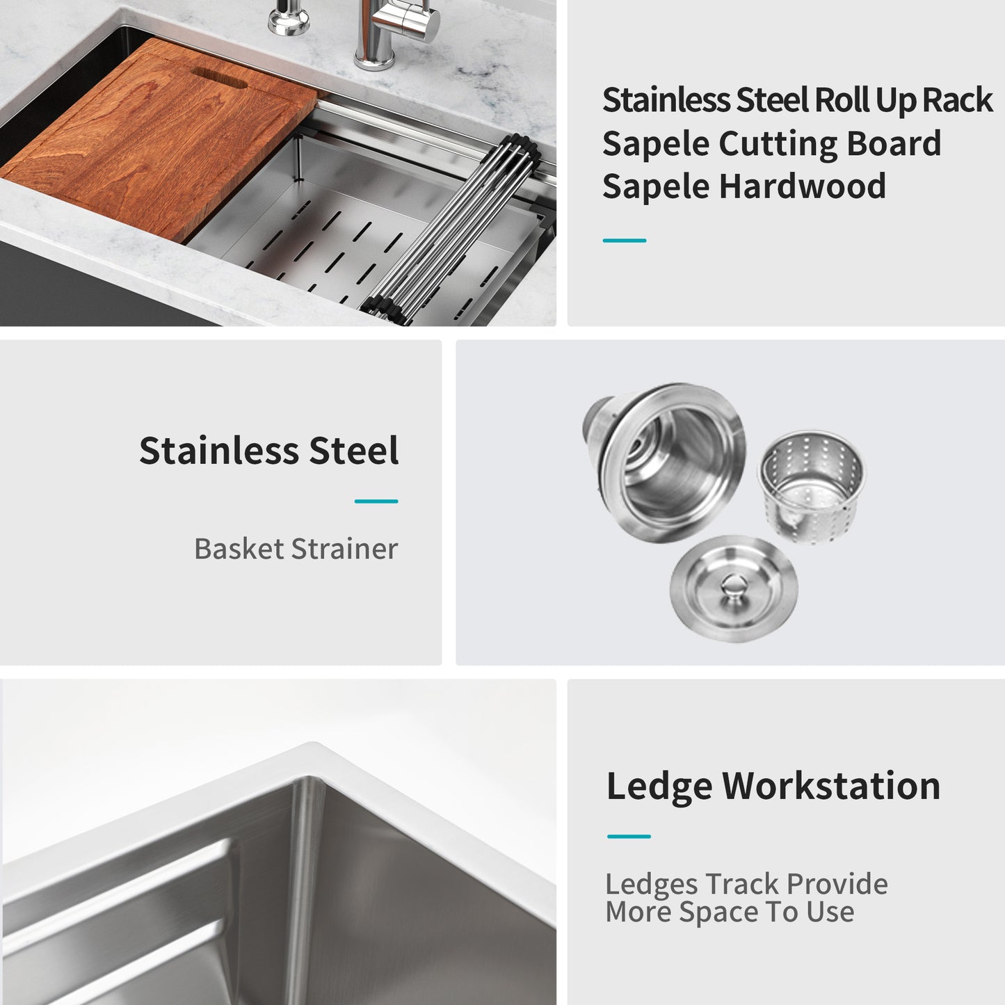 33" Undermount Kitchen Sink - 33 x 19 x 10 inch Single Bowl 16 Gauge Stainless Steel Ledge Workstation Kitchen Sinks