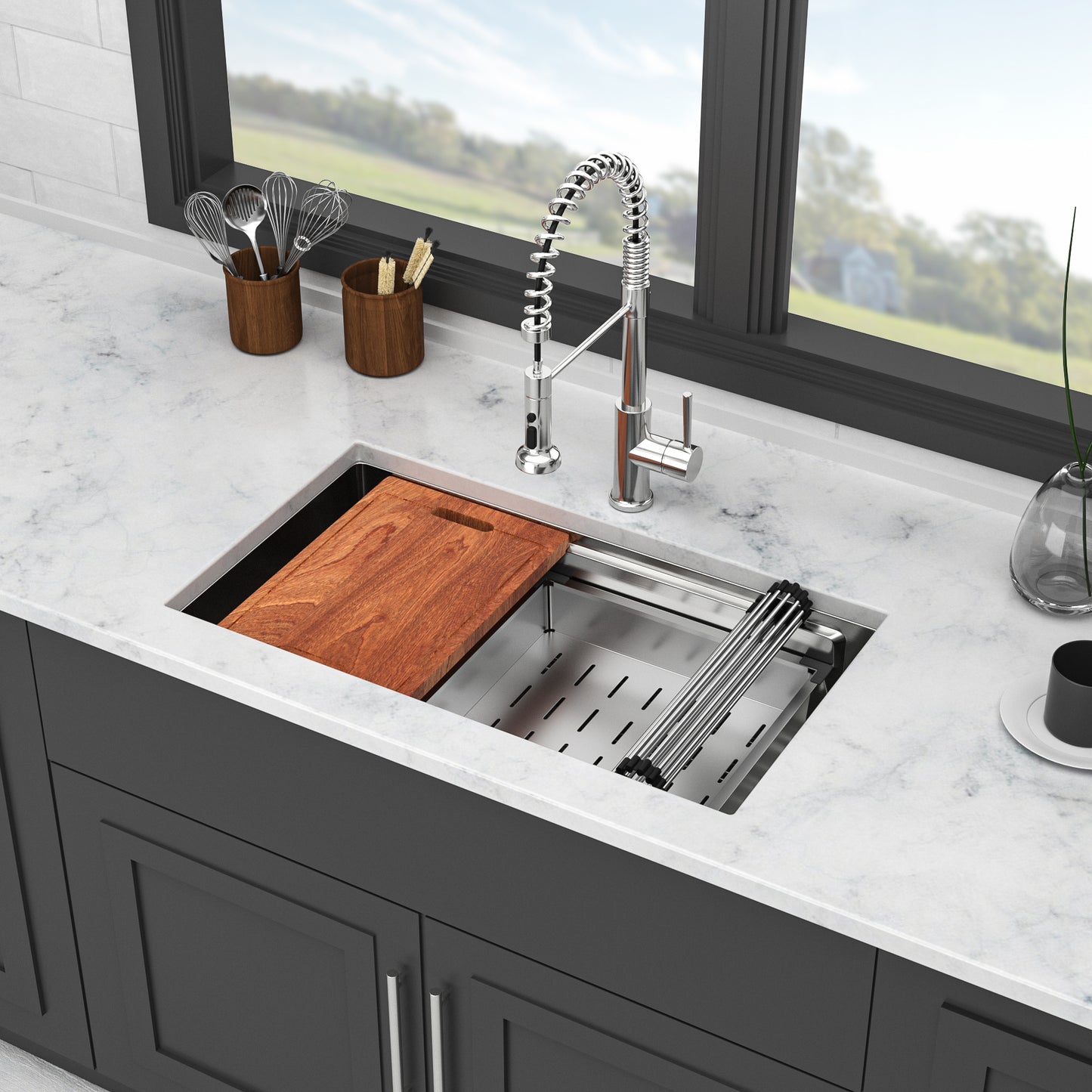 33" Undermount Kitchen Sink - 33 x 19 x 10 inch Single Bowl 16 Gauge Stainless Steel Ledge Workstation Kitchen Sinks