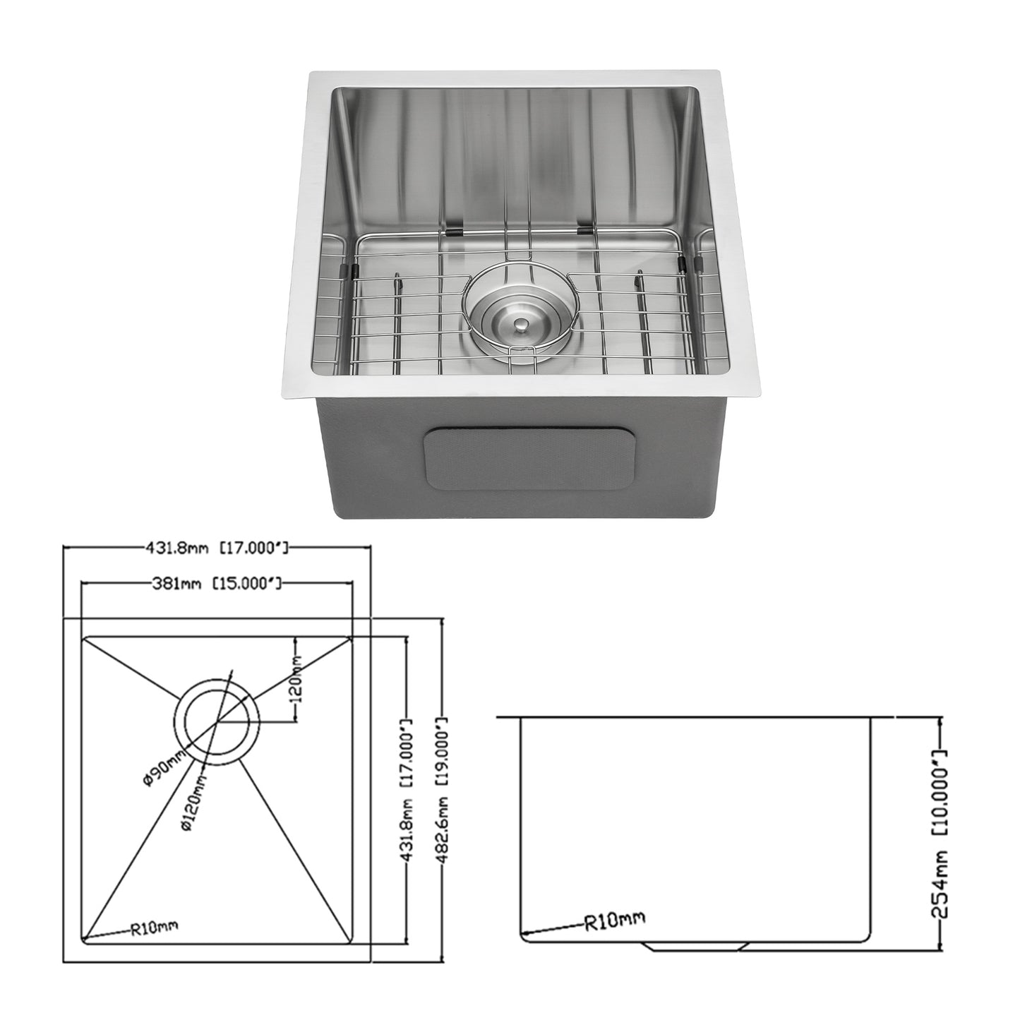 17 Inch Undermount Sink - 17"x19"x10" 16 Gauge Single Bowl Kitchen Sink 10 Inch Deep Bar/Prep Sink Basin
