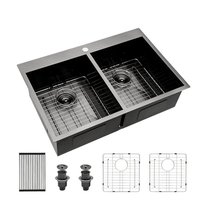 Double Bowl Drop in Sink- 33" x 22" x 9" Gunmetal Black Double Bowl Kitchen Sink 16 Gauge with Two 9" Deep Basin