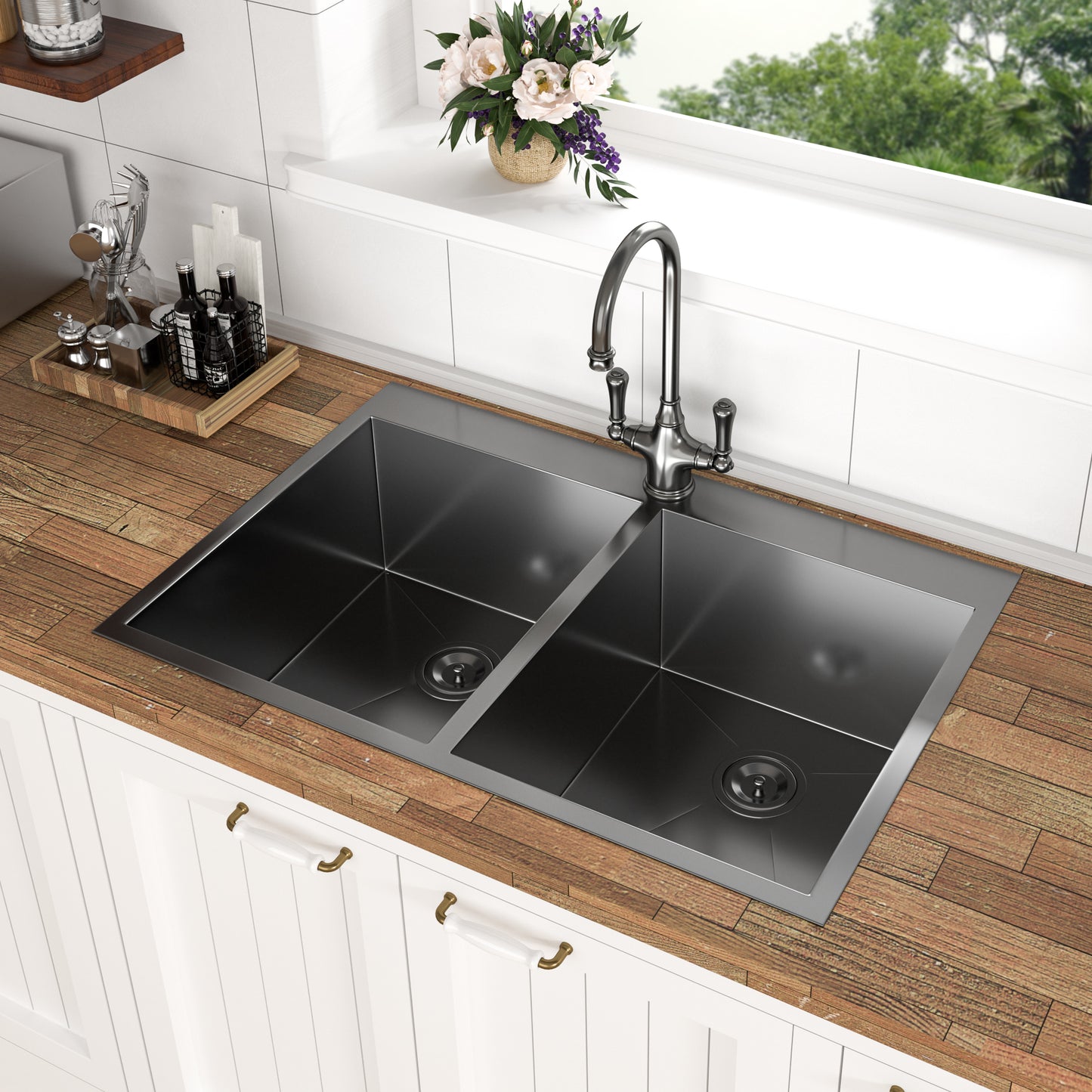 Double Bowl Drop in Sink- 33" x 22" x 9" Gunmetal Black Double Bowl Kitchen Sink 16 Gauge with Two 9" Deep Basin