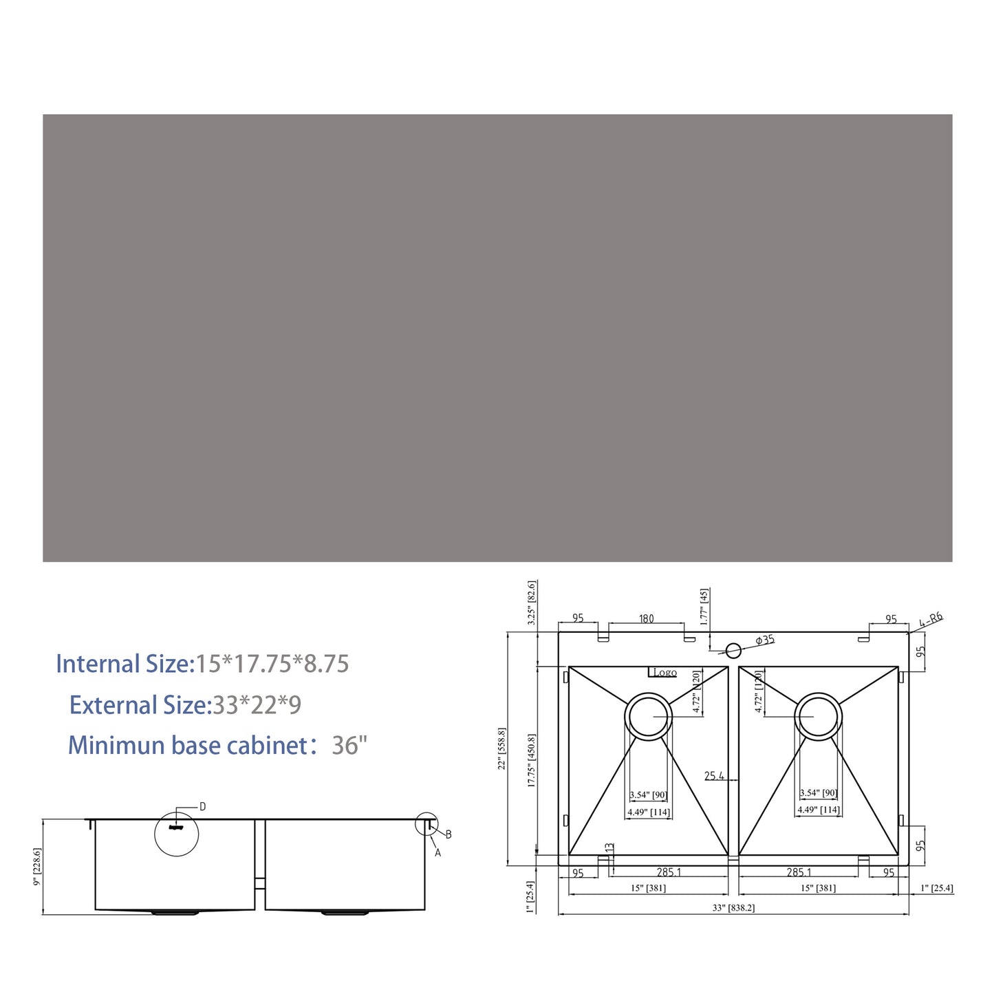 Double Bowl Drop in Sink- 33" x 22" x 9" Gunmetal Black Double Bowl Kitchen Sink 16 Gauge with Two 9" Deep Basin