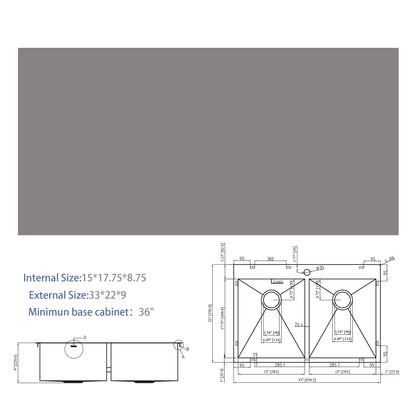 Double Bowl Drop in Sink- 33" x 22" x 9" Gunmetal Black Double Bowl Kitchen Sink 16 Gauge with Two 9" Deep Basin