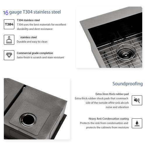 Double Bowl Drop in Sink- 33" x 22" x 9" Gunmetal Black Double Bowl Kitchen Sink 16 Gauge with Two 9" Deep Basin