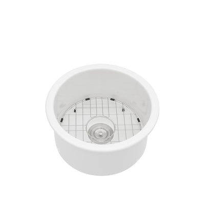 18x18x9 Inch Dual Mounted Single Bowl Porcelain Fireclay Circular Kitchen Sink with Drain Assembly and Bottom Grid