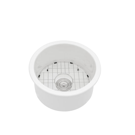 18x18x9 Inch Dual Mounted Single Bowl Porcelain Fireclay Circular Kitchen Sink with Drain Assembly and Bottom Grid