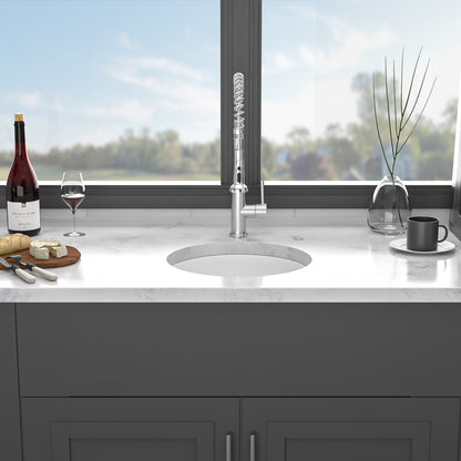 18x18x9 Inch Dual Mounted Single Bowl Porcelain Fireclay Circular Kitchen Sink with Drain Assembly and Bottom Grid