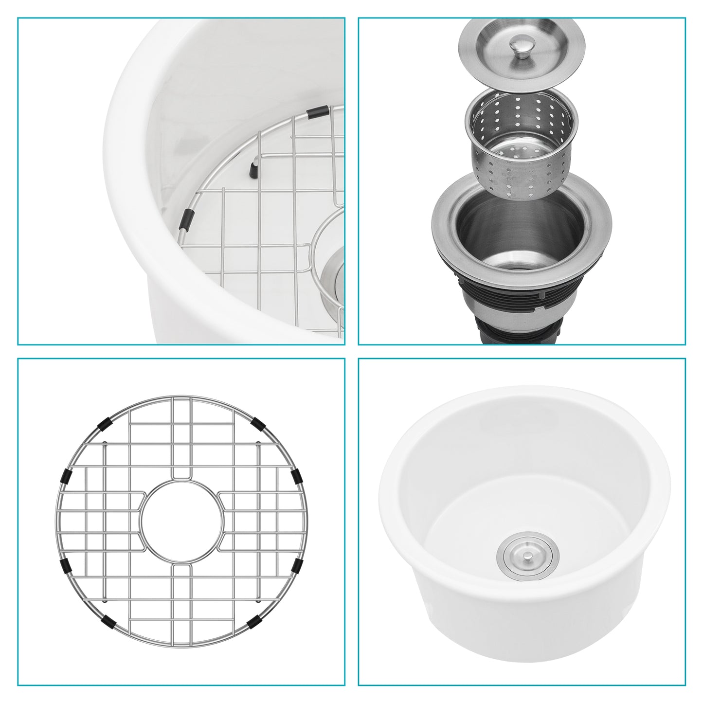 18x18x9 Inch Dual Mounted Single Bowl Porcelain Fireclay Circular Kitchen Sink with Drain Assembly and Bottom Grid