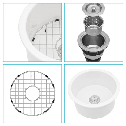 18x18x9 Inch Dual Mounted Single Bowl Porcelain Fireclay Circular Kitchen Sink with Drain Assembly and Bottom Grid