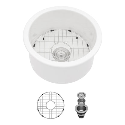 18x18x9 Inch Dual Mounted Single Bowl Porcelain Fireclay Circular Kitchen Sink with Drain Assembly and Bottom Grid