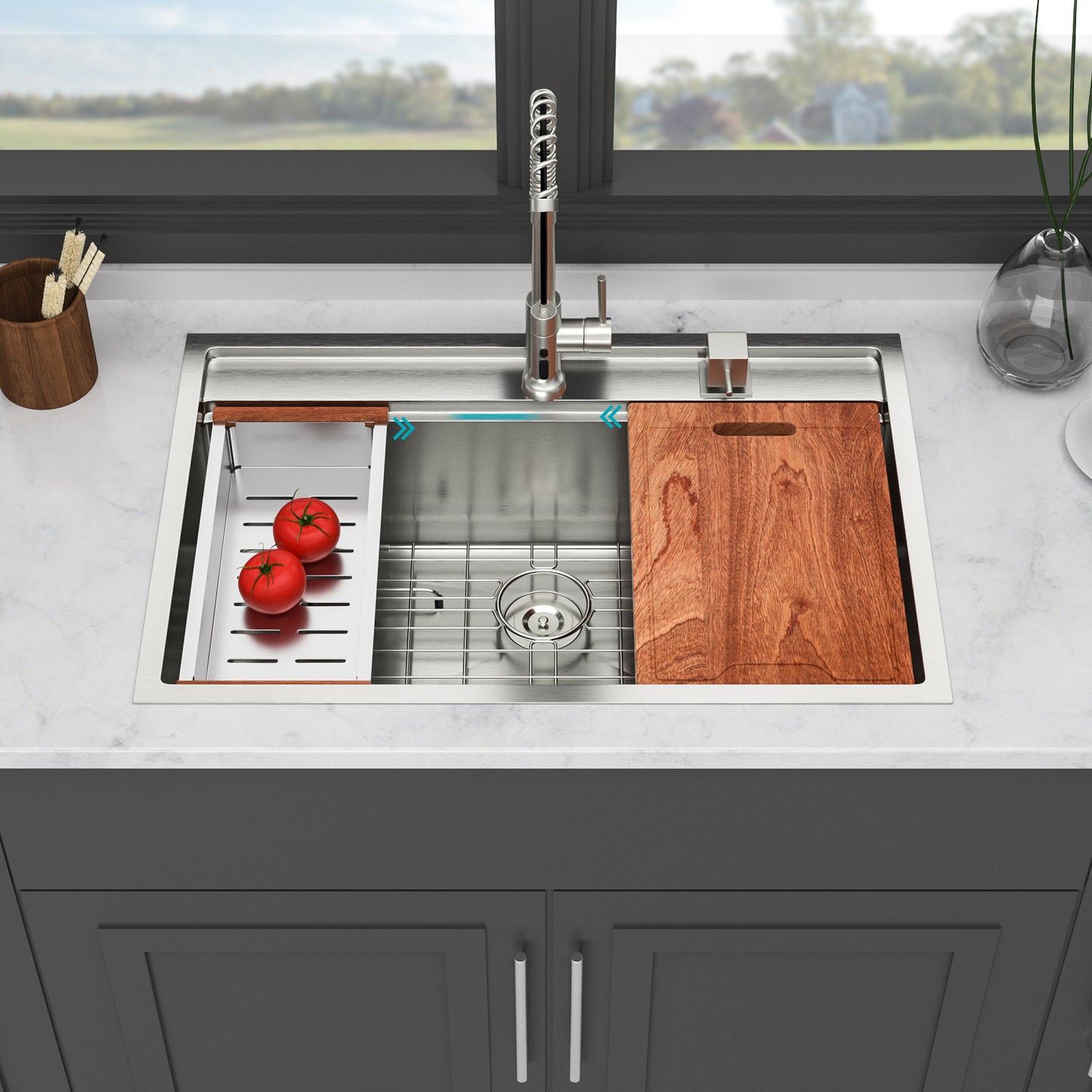 33" Drop in Kitchen Sink - 33 x 22 x 10 inch Kitchen Sink Topmount Single Bowl 16 Gauge Stainless Steel Ledge Workstation Kitchen Sinks