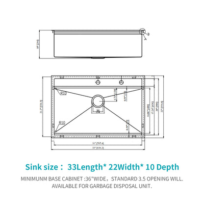33" Drop in Kitchen Sink - 33 x 22 x 10 inch Kitchen Sink Topmount Single Bowl 16 Gauge Stainless Steel Ledge Workstation Kitchen Sinks