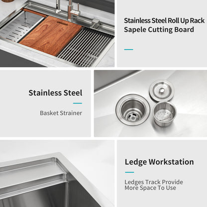 33" Drop in Kitchen Sink - 33 x 22 x 10 inch Kitchen Sink Topmount Single Bowl 16 Gauge Stainless Steel Ledge Workstation Kitchen Sinks