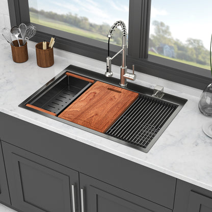 33" Drop in Kitchen Sink - 33*22*9 inch Gunmetal Black Kitchen Sink Topmount Single Bowl 16 Gauge Stainless Steel Ledge Workstation Kitchen Sinks