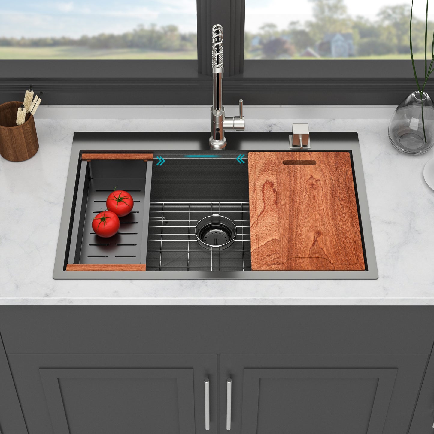 33" Drop in Kitchen Sink - 33*22*9 inch Gunmetal Black Kitchen Sink Topmount Single Bowl 16 Gauge Stainless Steel Ledge Workstation Kitchen Sinks