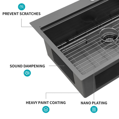 33" Drop in Kitchen Sink - 33*22*9 inch Gunmetal Black Kitchen Sink Topmount Single Bowl 16 Gauge Stainless Steel Ledge Workstation Kitchen Sinks