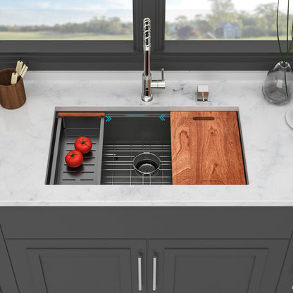 33" Undermount Kitchen Sink - 33 x 19 x 9 inch Gunmetal Black Single Bowl 16 Gauge Stainless Steel Ledge Workstation Kitchen Sinks