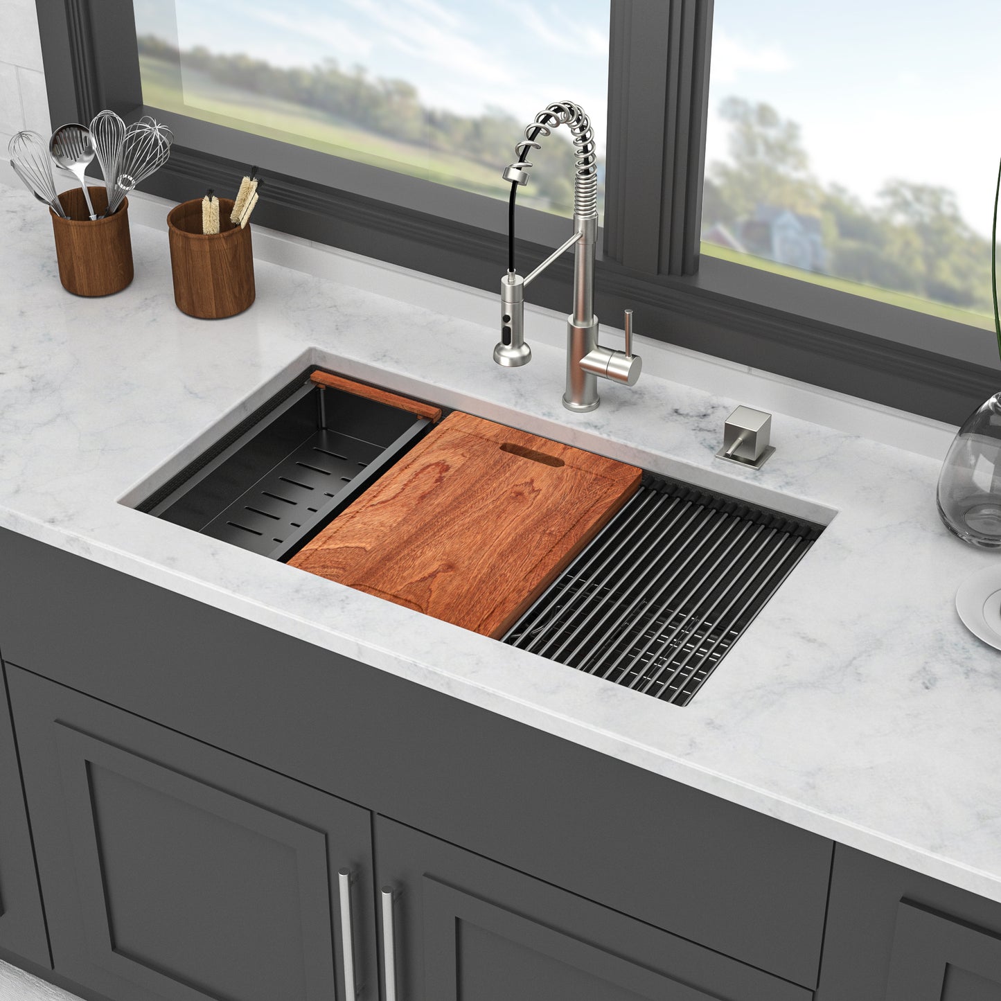 33" Undermount Kitchen Sink - 33 x 19 x 9 inch Gunmetal Black Single Bowl 16 Gauge Stainless Steel Ledge Workstation Kitchen Sinks