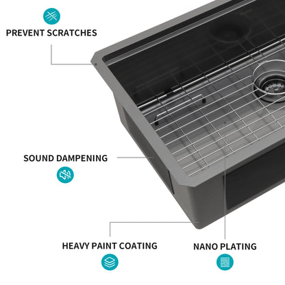 33" Undermount Kitchen Sink - 33 x 19 x 9 inch Gunmetal Black Single Bowl 16 Gauge Stainless Steel Ledge Workstation Kitchen Sinks