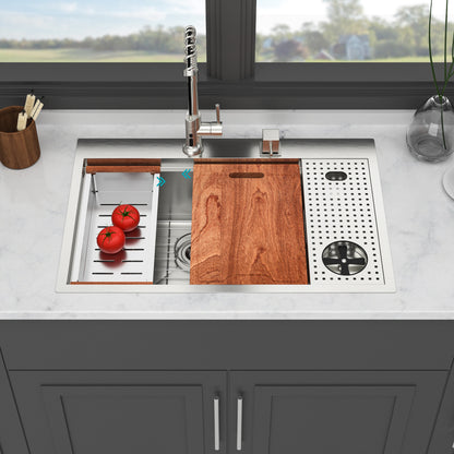 33" Drop-in Kitchen Sink with Cup Washer - 33 x 22 x 10 inch Single Bowl 16 Gauge Stainless Steel Workstation Kitchen Sinks