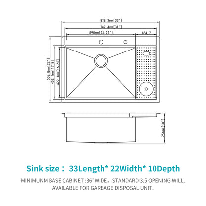 33" Drop-in Kitchen Sink with Cup Washer - 33 x 22 x 10 inch Single Bowl 16 Gauge Stainless Steel Workstation Kitchen Sinks