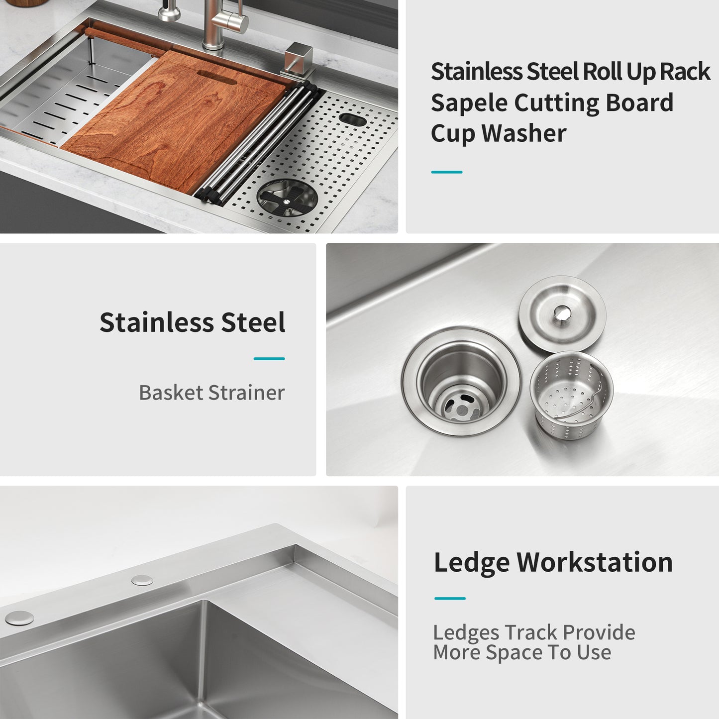 33" Drop-in Kitchen Sink with Cup Washer - 33 x 22 x 10 inch Single Bowl 16 Gauge Stainless Steel Workstation Kitchen Sinks