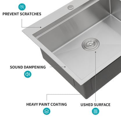 33" Drop-in Kitchen Sink with Cup Washer - 33 x 22 x 10 inch Single Bowl 16 Gauge Stainless Steel Workstation Kitchen Sinks
