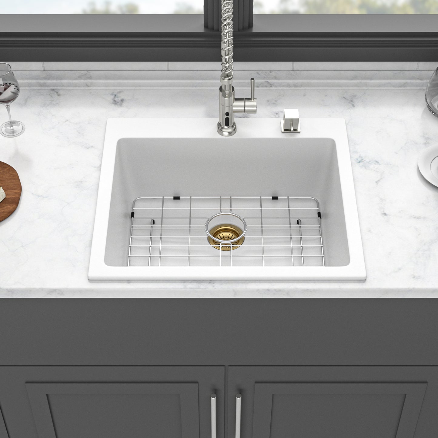 Quartz Kitchen Sink - 25 x 22" x 9.65" White Granite Composite Drop-in Single Bowl Kitchen Sink