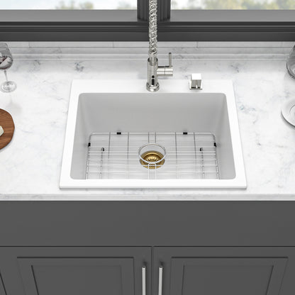 Quartz Kitchen Sink - 25 x 22" x 9.65" White Granite Composite Drop-in Single Bowl Kitchen Sink