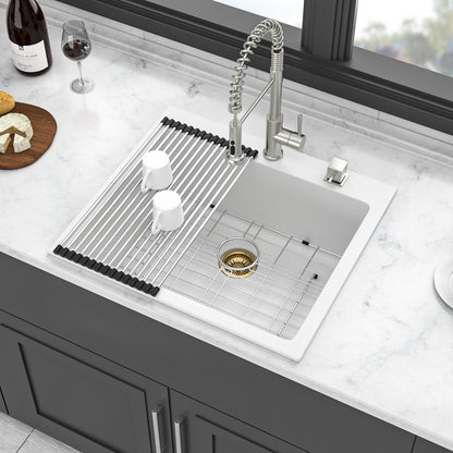 Quartz Kitchen Sink - 25 x 22" x 9.65" White Granite Composite Drop-in Single Bowl Kitchen Sink