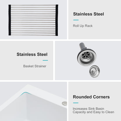 Quartz Kitchen Sink - 25 x 22" x 9.65" White Granite Composite Drop-in Single Bowl Kitchen Sink