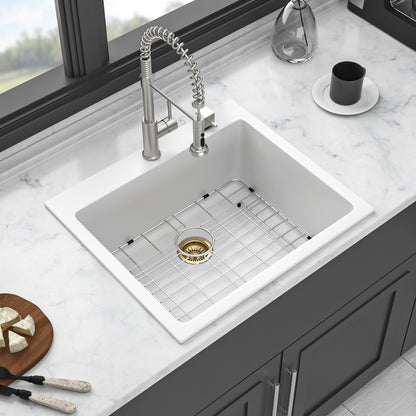 Quartz Kitchen Sink - 25 x 22" x 9.65" White Granite Composite Drop-in Single Bowl Kitchen Sink