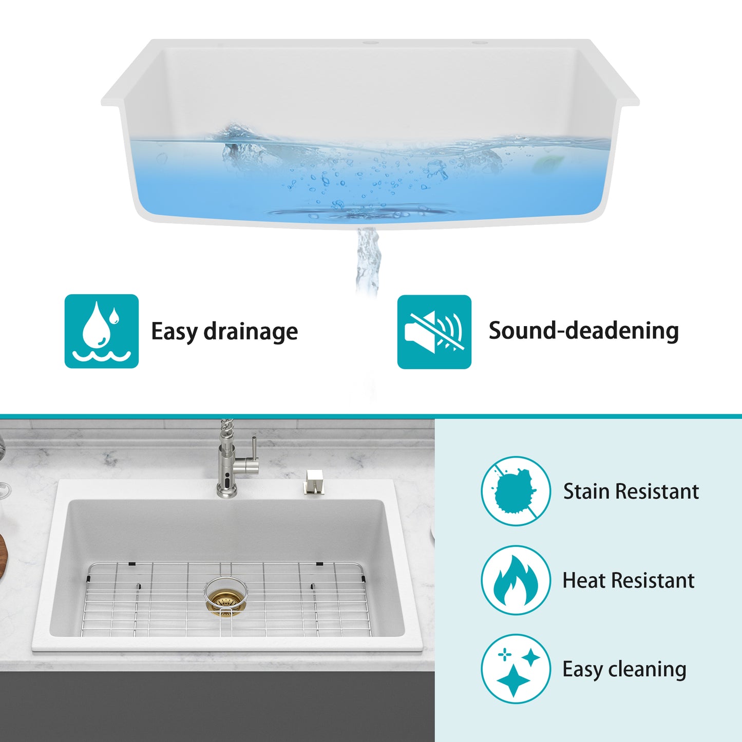 Quartz Kitchen Sink - 33" x 22" x 9.65" White granite composite Drop-in kitchen sink