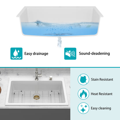 Quartz Kitchen Sink - 33" x 22" x 9.65" White granite composite Drop-in kitchen sink