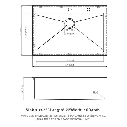33 x 22 x 10 inch Kitchen Sink Drop-In 16 Gauge Stainless Steel Single Bowl Topmount Kitchen Sink