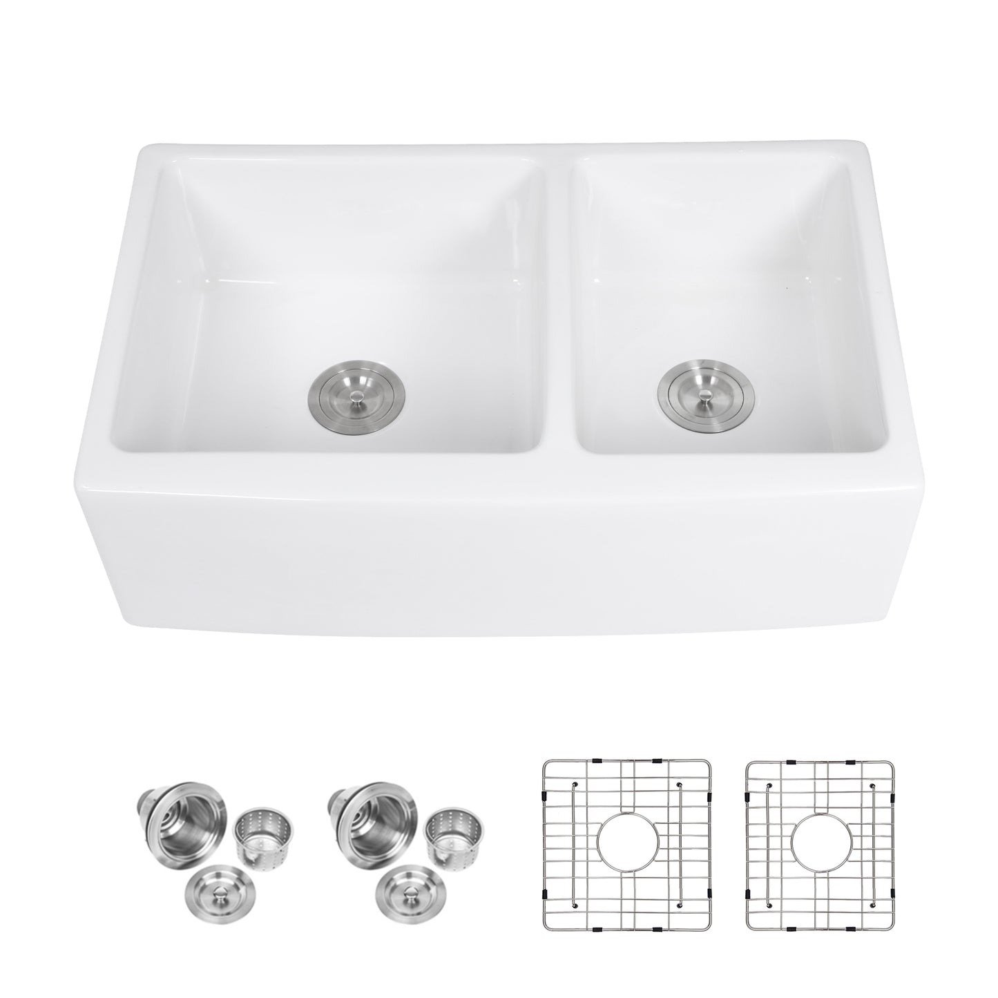White Farmhouse Sink - 33 x 21 x 10 inch White Ceramic Porcelain Double Bowl 60/40 Farm Kitchen Sink