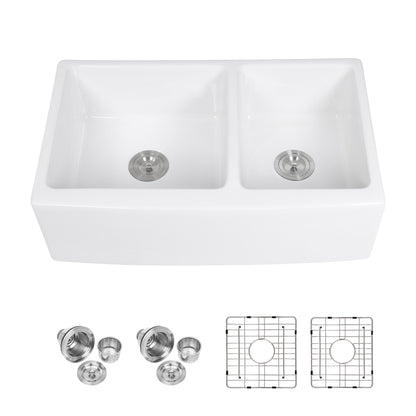 White Farmhouse Sink - 33 x 21 x 10 inch White Ceramic Porcelain Double Bowl 60/40 Farm Kitchen Sink