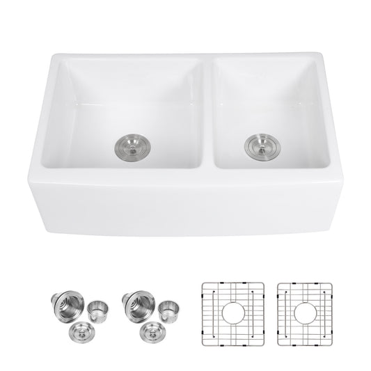 White Farmhouse Sink - 33 x 21 x 10 inch White Ceramic Porcelain Double Bowl 60/40 Farm Kitchen Sink