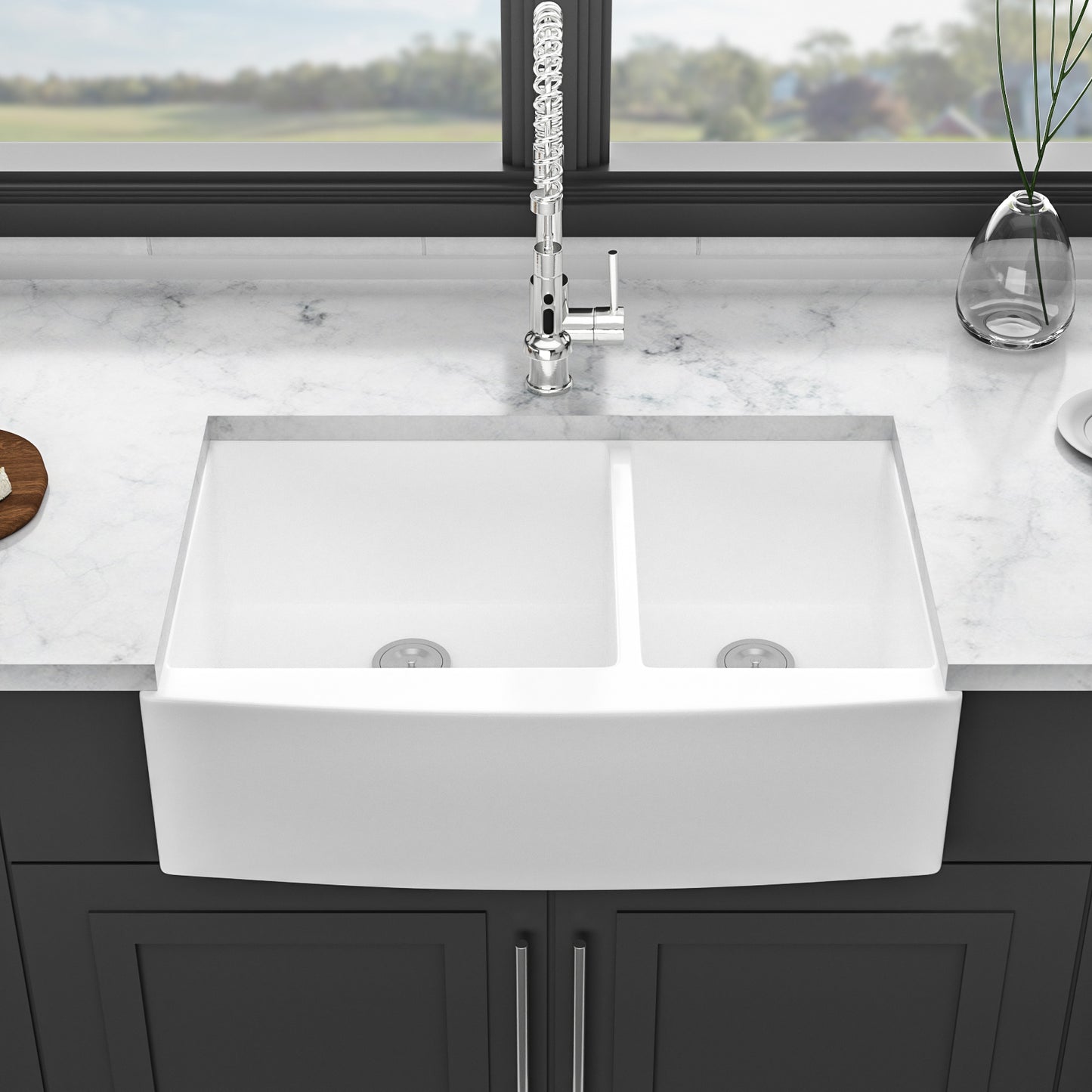 White Farmhouse Sink - 33 x 21 x 10 inch White Ceramic Porcelain Double Bowl 60/40 Farm Kitchen Sink
