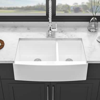 White Farmhouse Sink - 33 x 21 x 10 inch White Ceramic Porcelain Double Bowl 60/40 Farm Kitchen Sink
