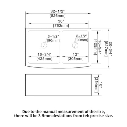 White Farmhouse Sink - 33 x 21 x 10 inch White Ceramic Porcelain Double Bowl 60/40 Farm Kitchen Sink