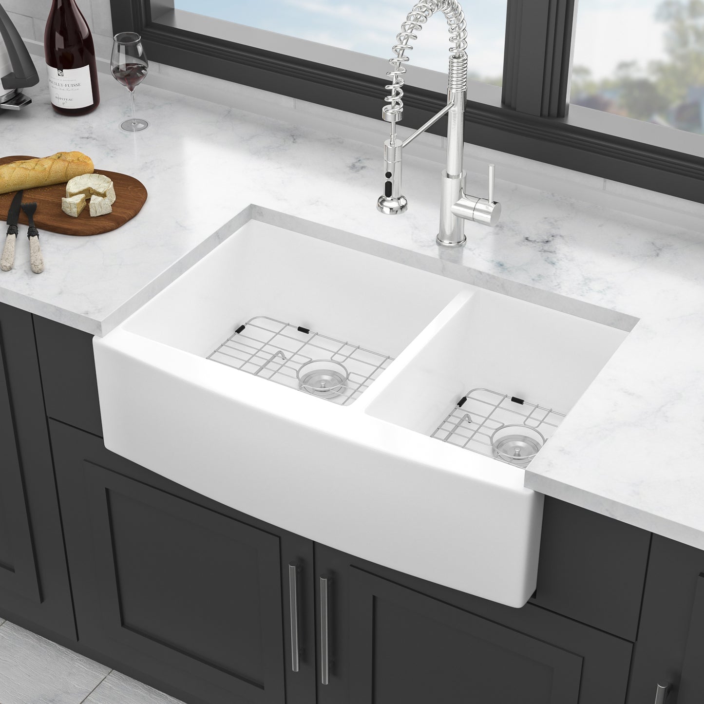 White Farmhouse Sink - 33 x 21 x 10 inch White Ceramic Porcelain Double Bowl 60/40 Farm Kitchen Sink