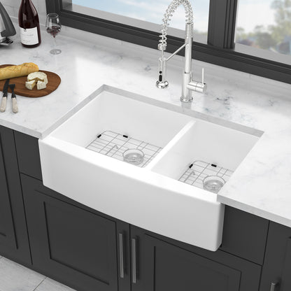 White Farmhouse Sink - 33 x 21 x 10 inch White Ceramic Porcelain Double Bowl 60/40 Farm Kitchen Sink
