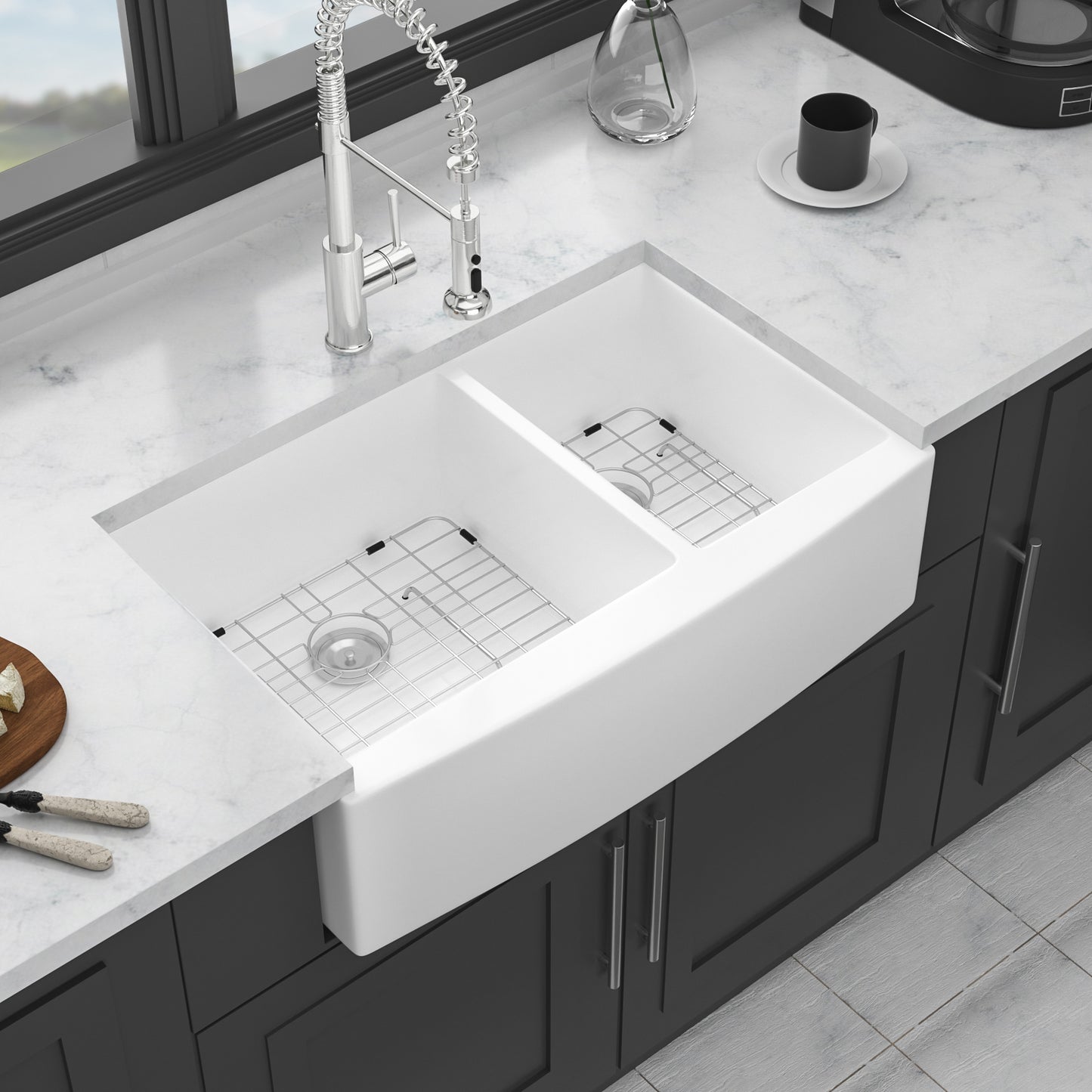 White Farmhouse Sink - 33 x 21 x 10 inch White Ceramic Porcelain Double Bowl 60/40 Farm Kitchen Sink