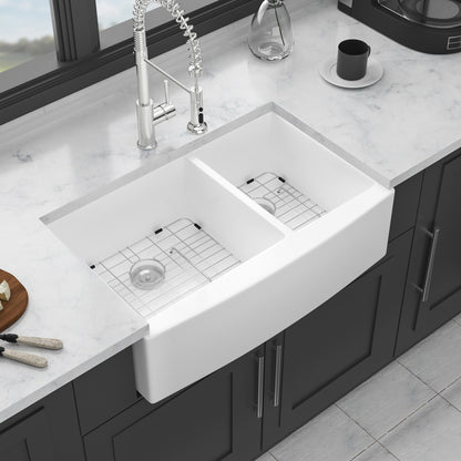 White Farmhouse Sink - 33 x 21 x 10 inch White Ceramic Porcelain Double Bowl 60/40 Farm Kitchen Sink