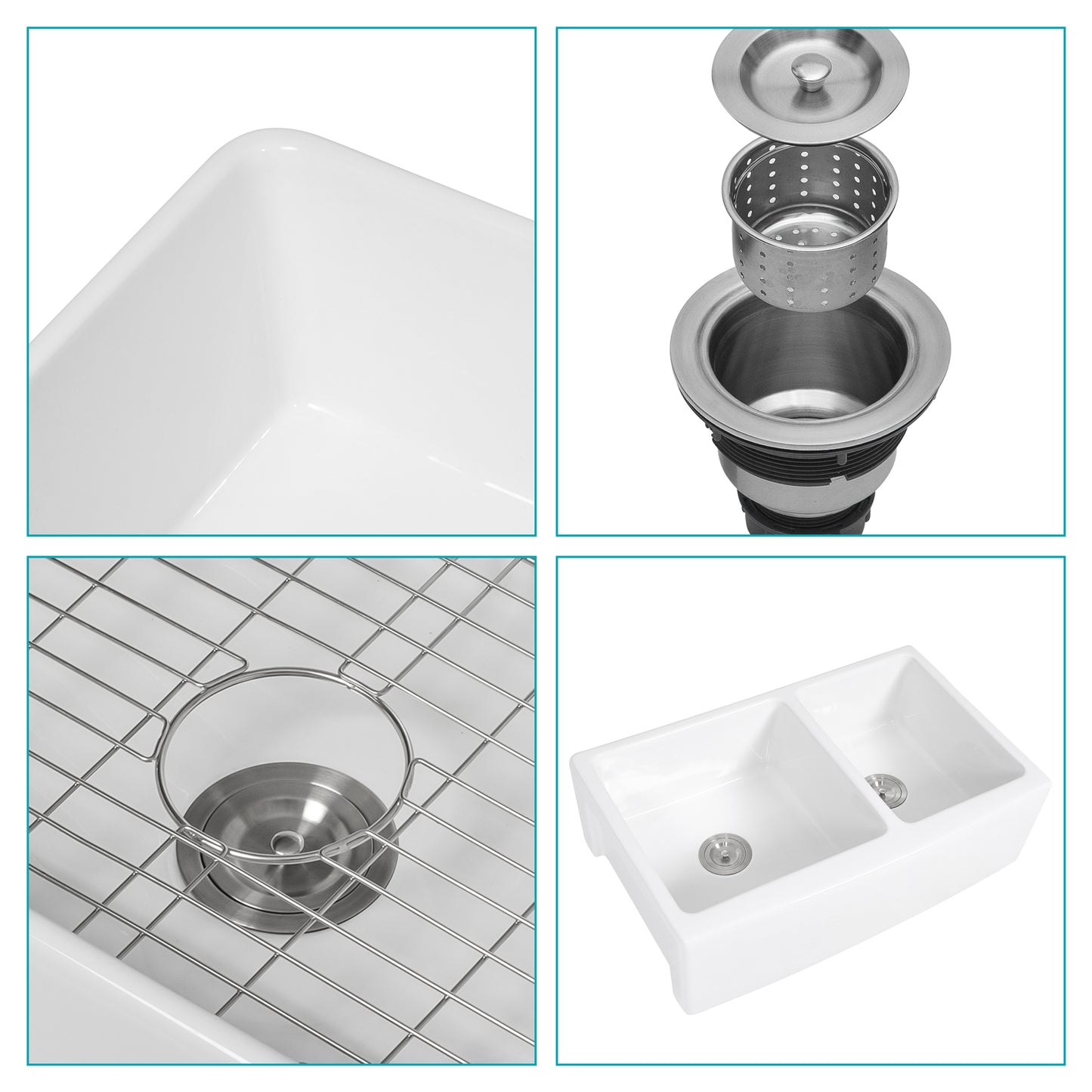 White Farmhouse Sink - 33 x 21 x 10 inch White Ceramic Porcelain Double Bowl 60/40 Farm Kitchen Sink